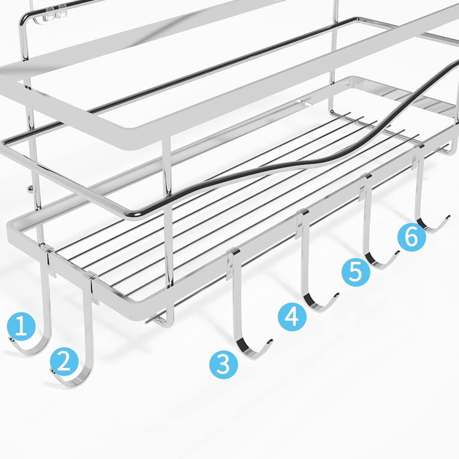 Muyu Jie Pie Shower Basket Rack, Wall-Mounted without Drilling, Shower Storage Rack SUS304 Stainless Steel Rack, with 6 Hooks Large Self-Adhesive Kitchen and Bathroom Storage Rack (Silver)