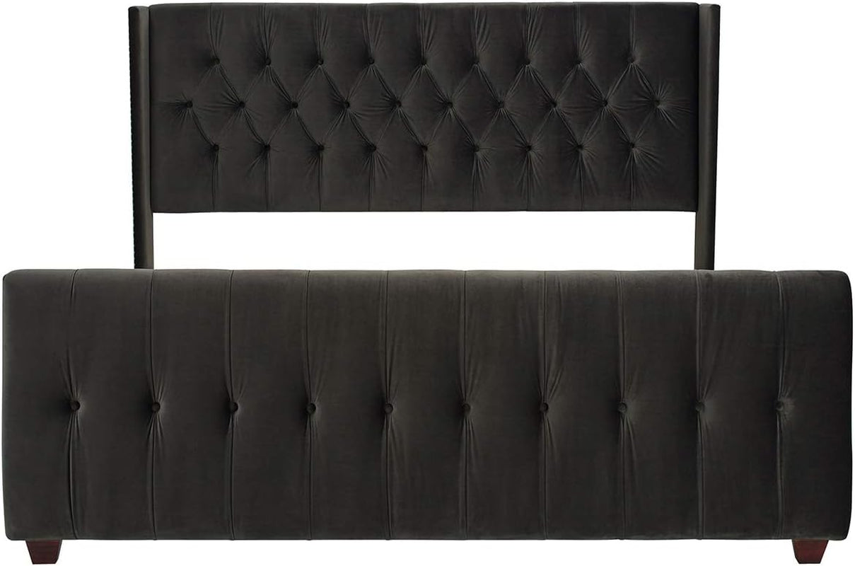 David Tufted Wingback King Bed, Dark Charcoal Grey Velvet