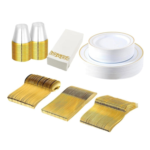 175Pcs Disposable Gold Dinnerware Set Gold Rim Plastic Plates Cups