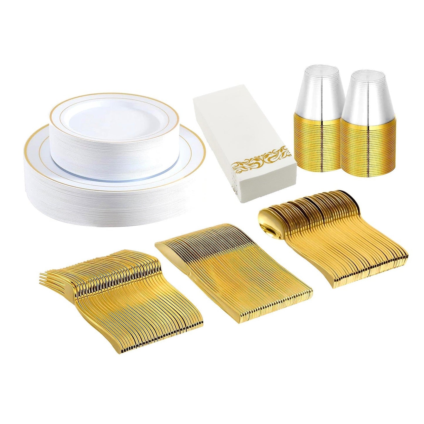 175Pcs Disposable Gold Dinnerware Set Gold Rim Plastic Plates Cups