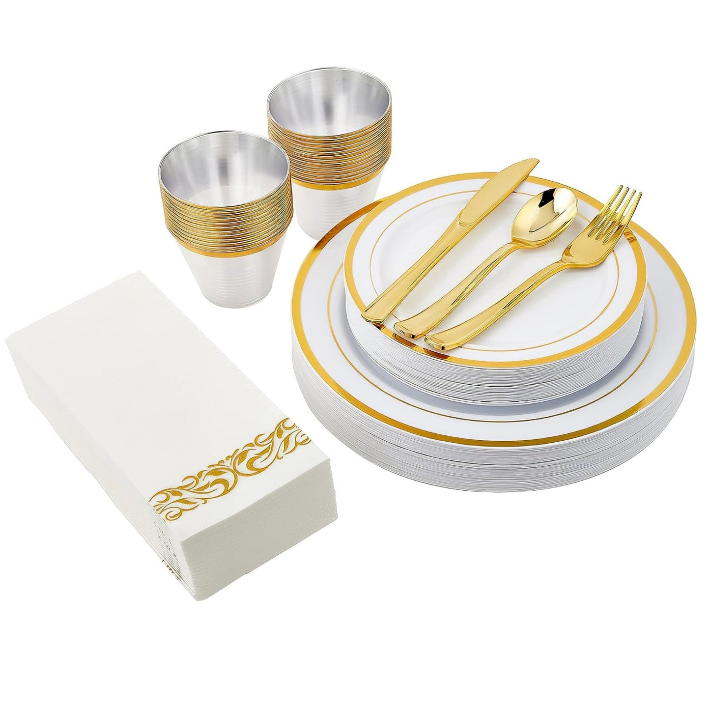 175Pcs Disposable Gold Dinnerware Set Gold Rim Plastic Plates Cups