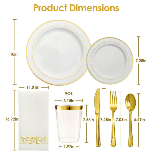 175Pcs Disposable Gold Dinnerware Set Gold Rim Plastic Plates Cups