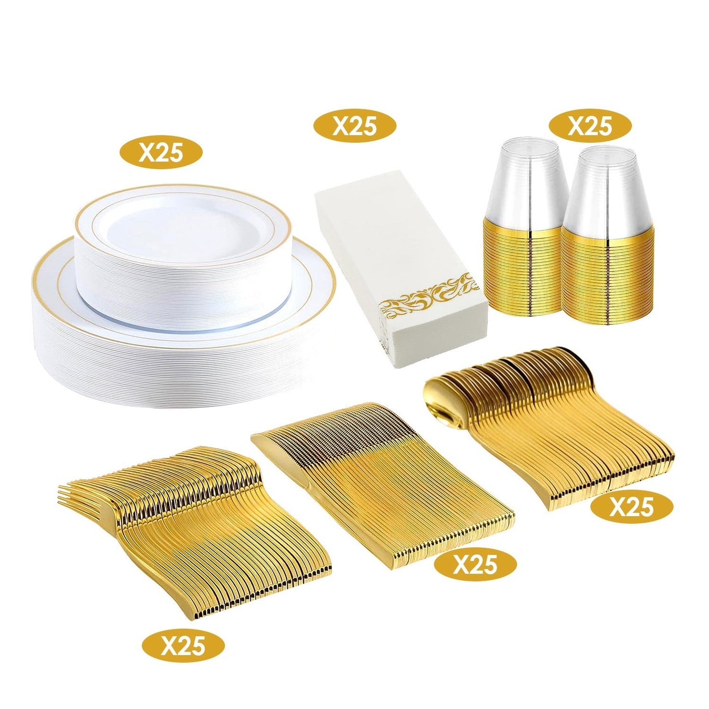 175Pcs Disposable Gold Dinnerware Set Gold Rim Plastic Plates Cups