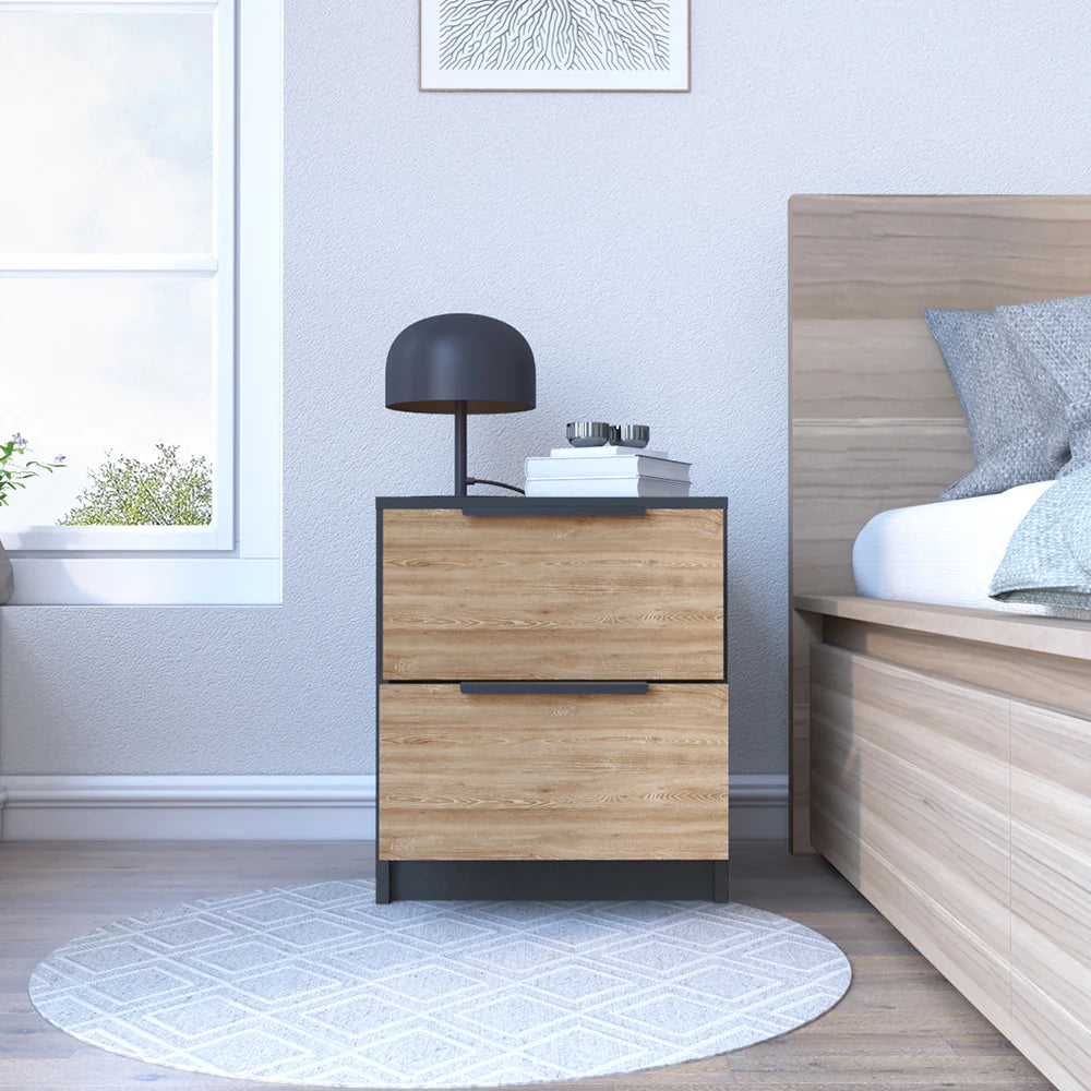 Nightstand Cervants, Two Drawers, Metal Handle, Black Wengue / Pine Finish