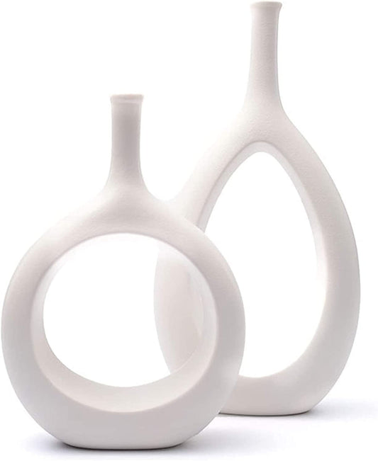 Samawi Ceramic White Vase Set of 2, Modern Living Room Decor, Ideal for Home Decor