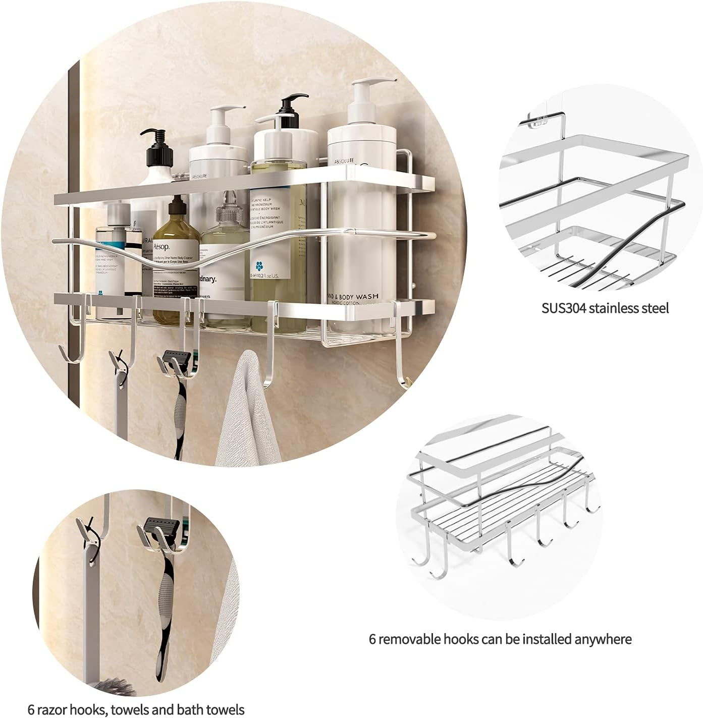 Muyu Jie Pie Shower Basket Rack, Wall-Mounted without Drilling, Shower Storage Rack SUS304 Stainless Steel Rack, with 6 Hooks Large Self-Adhesive Kitchen and Bathroom Storage Rack (Silver)