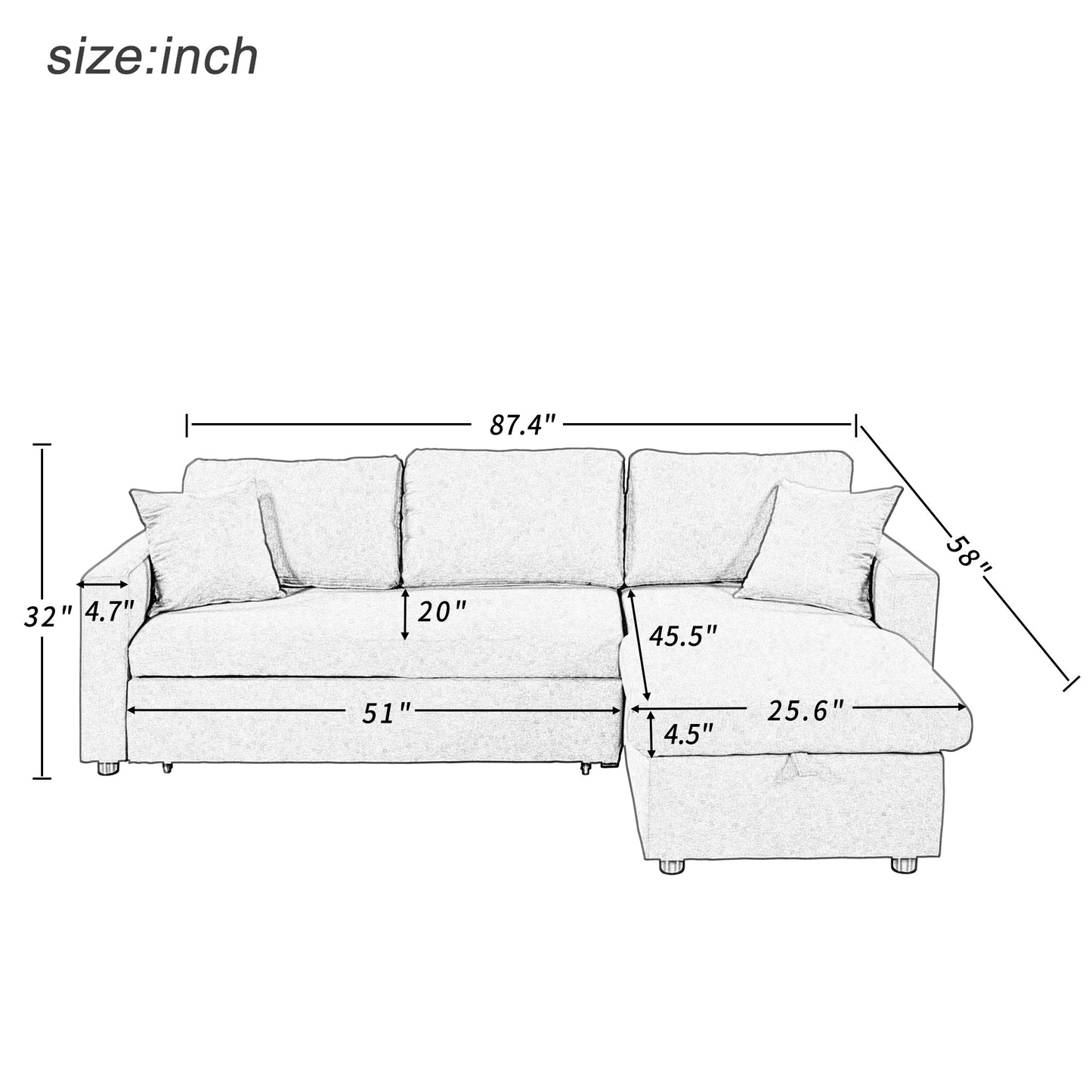 Upholstery  Sleeper Sectional Sofa Grey with Storage Space, 2 Tossing