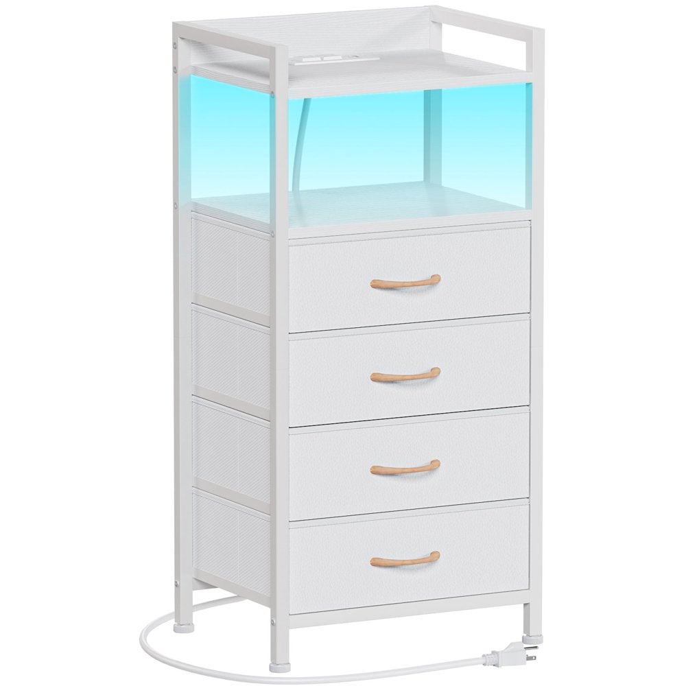 White Fabric Dresser, Vertical Storage Tower Organizer with 4 Drawers for Bedroom, Living Room, Nightstand with Outlets & Led Lights