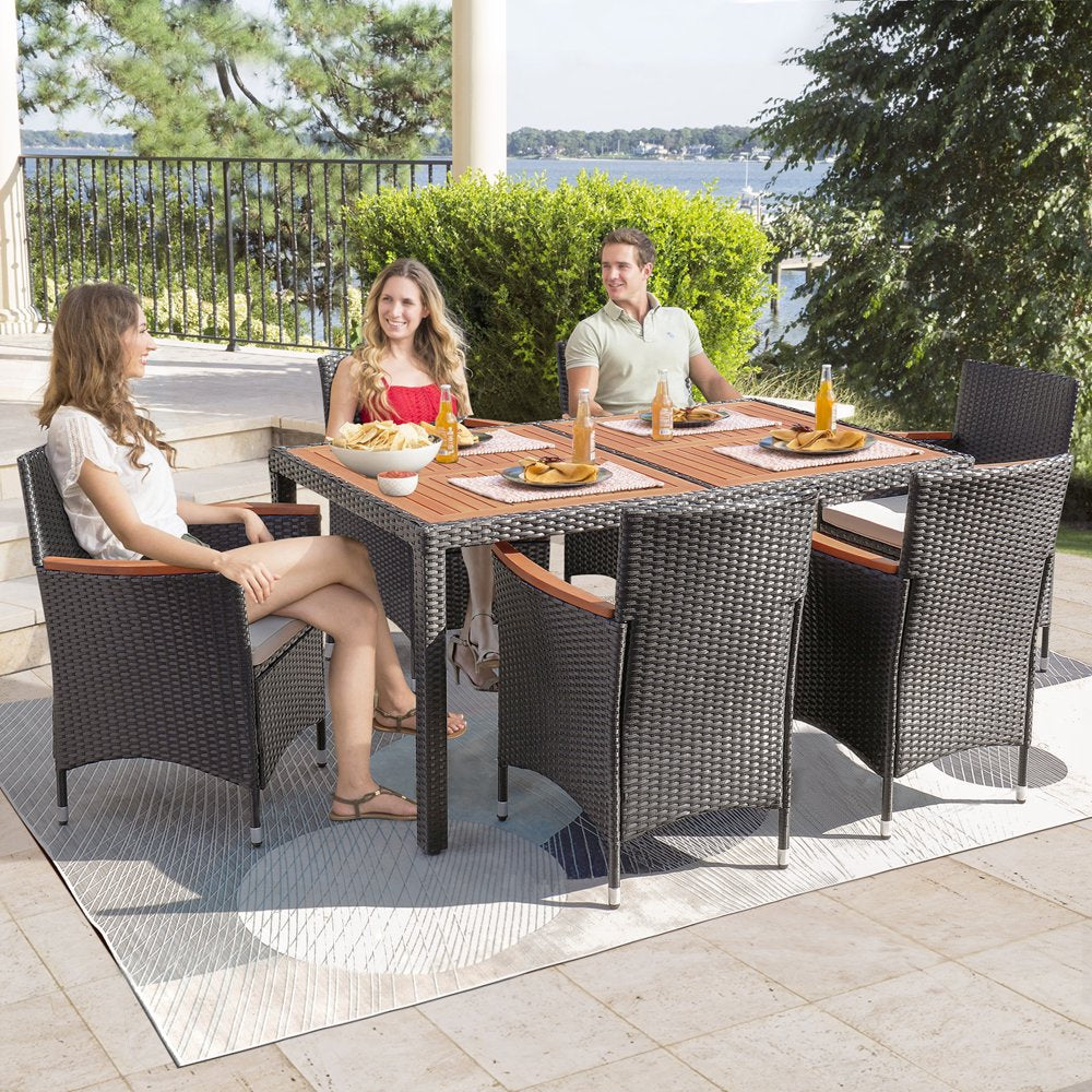 7 Pieces Outdoor Patio Dining Set with PE Rattan Wicker Dining Table and Chairs Acacia Wood Tabletop, Curved Wood Armrest Chairs with Cushions