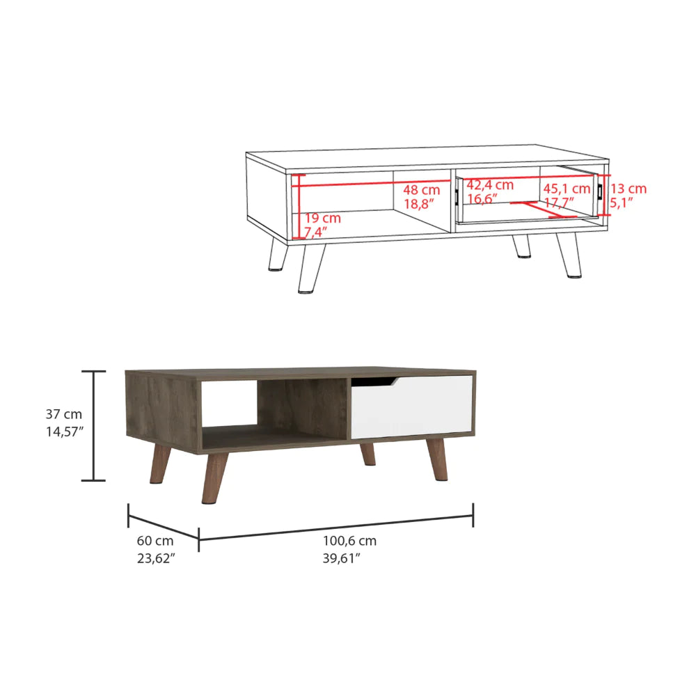 Coffee Table 2.0 Bull, One Drawer, Four Legs, Dark Brown / White Finish