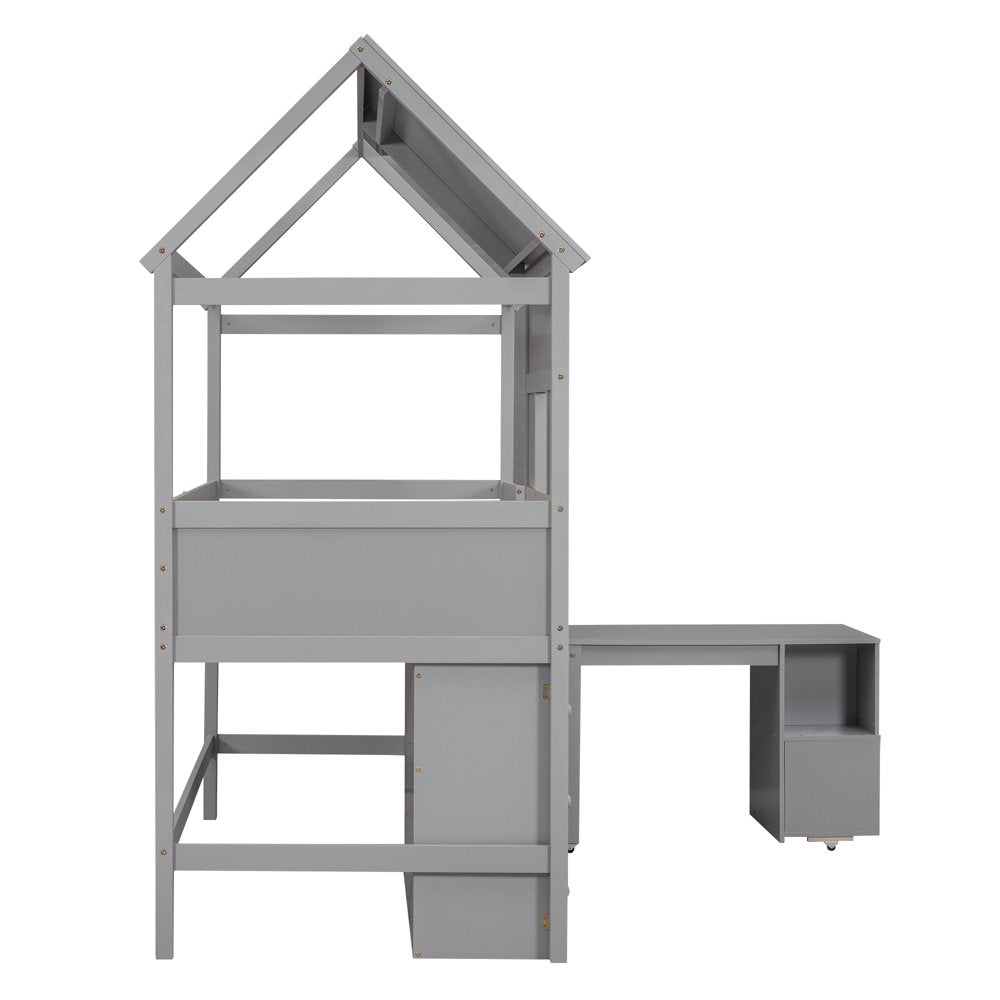 Wood Twin Size Loft Bed with Movable Desk for Kids, Low Profile Loft Bed with Storage Shelf and Drawers for Kids Teens Adults, House Bed with Roof and Window, Gray