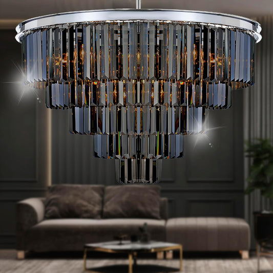 16Lights Smoke Crystal Chandelier Modern Chandeliers Lighting Pendant Ceiling Light Fixture 5-Tier for Dining Room Living Room Bedroom, Chrome Finished W31.5''