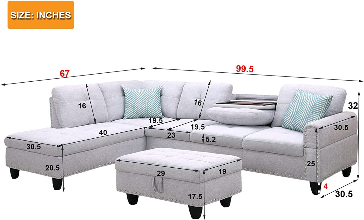 Sectional Sofa with Chaise Lounge and Ottoman L Shaped 6 Seat Living Room Sectional Couch with Cupholder, Left Facing Couch