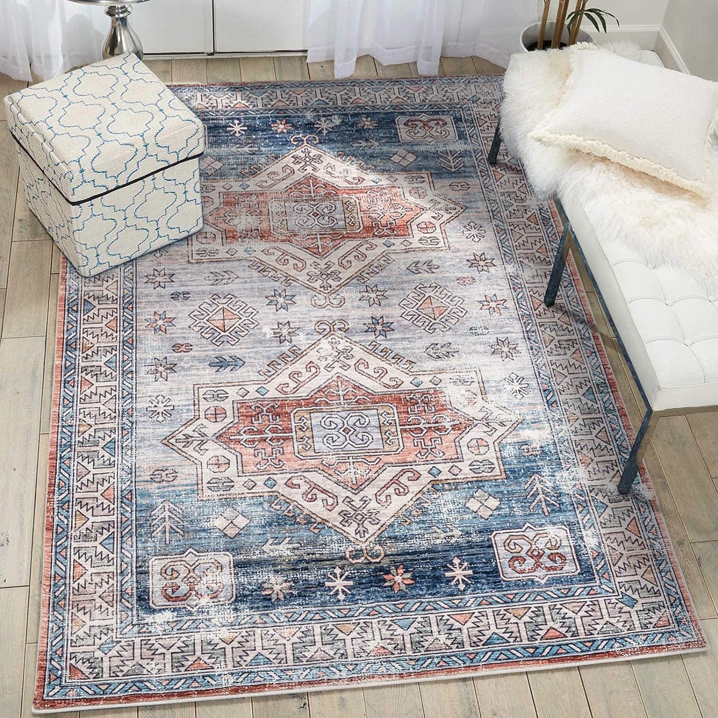 Area Rug, Carpet Area Persian Rugs, Rug for Room Soft, Bedside Rug for Bedroom Rug, Living Room Rug, Traditional Vintage Distressed Area Rug, 5X8 Blue Multi Medallion Rug