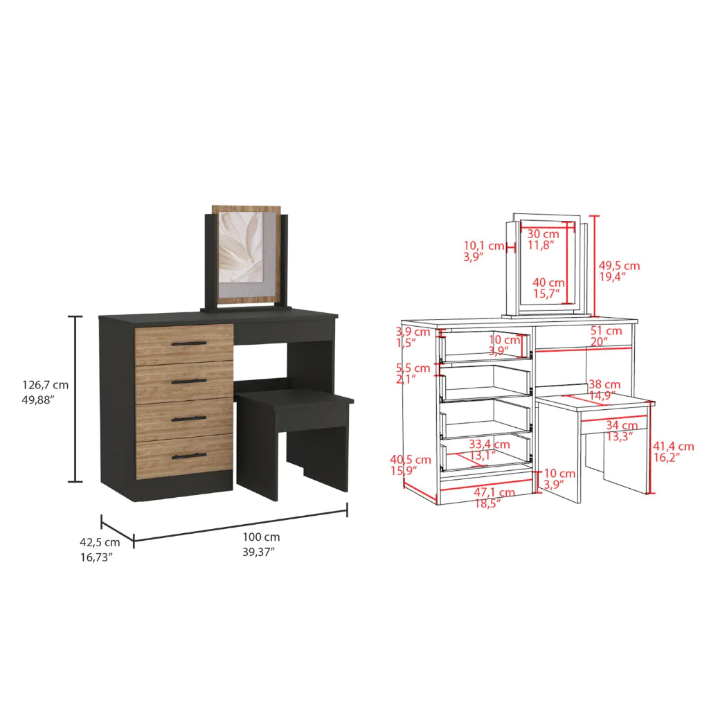 Makeup Dressing Table Roxx, Four Drawers, One Mirror, Stool, Black Wengue / Pine Finish