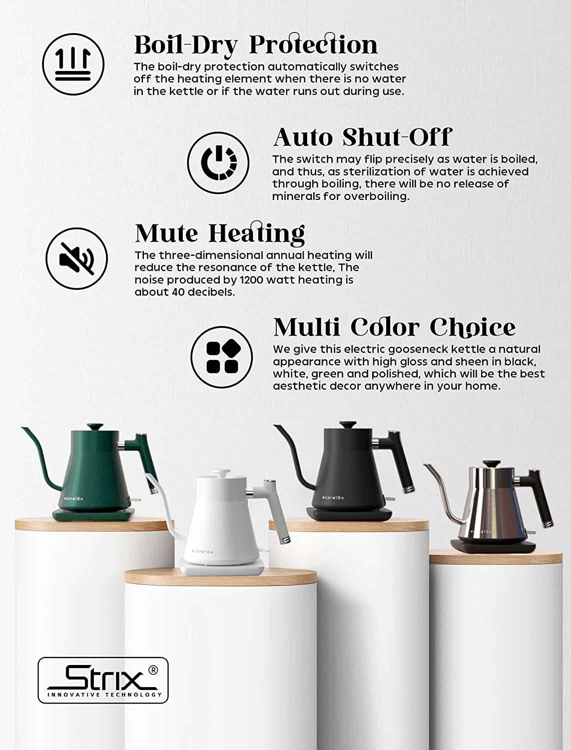 Gooseneck Electric Kettle, Pour over Coffee and Tea Kettle, 100% Stainless Steel Inner with Leak Proof Design, 1200W Rapid Heating, Strix Boil-Dry Protection, 0.8L, Matte White