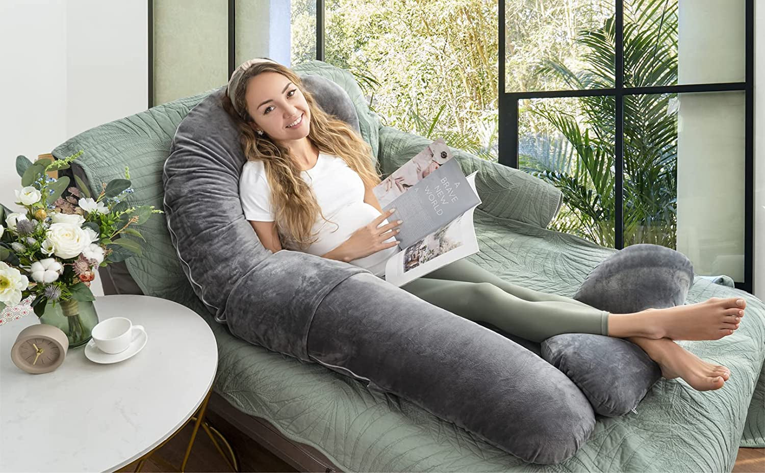 Pregnancy Pillows, U Shaped Pregnant Pillows for Sleeping, Maternity Full Body Support Pillow with Removable Velvet Cover, Gray