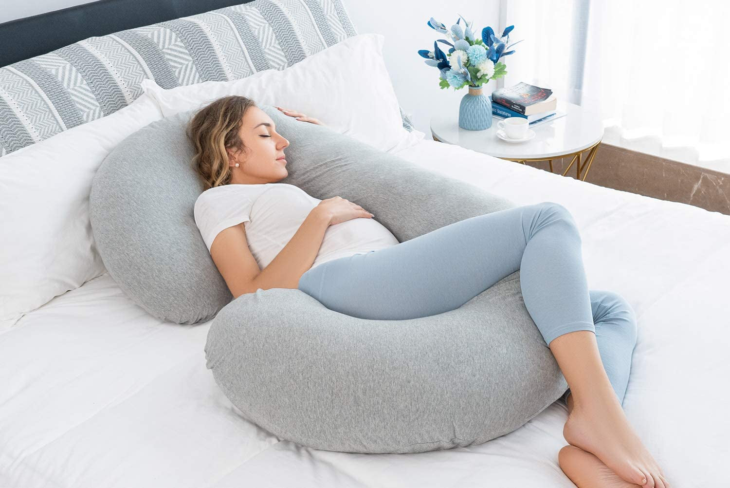 Pregnancy Pillow,Maternity Body Pillow with Velvet Cover,C Shaped Body Pillow for Sleeping (Grey Jersey)