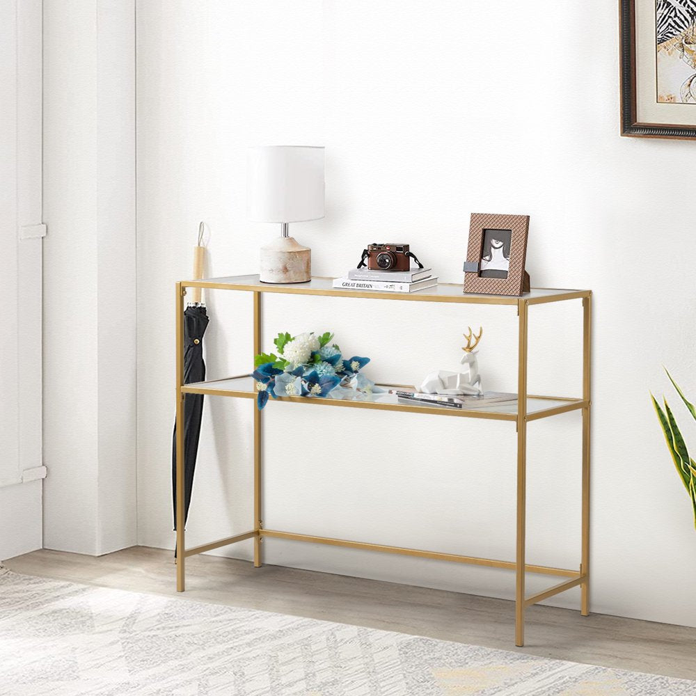 2-Tier Glass Console Sofa Table, Modern Entryway Living Room Table with Tempered Glass Shelf Accent Table for Home Decor, Gold