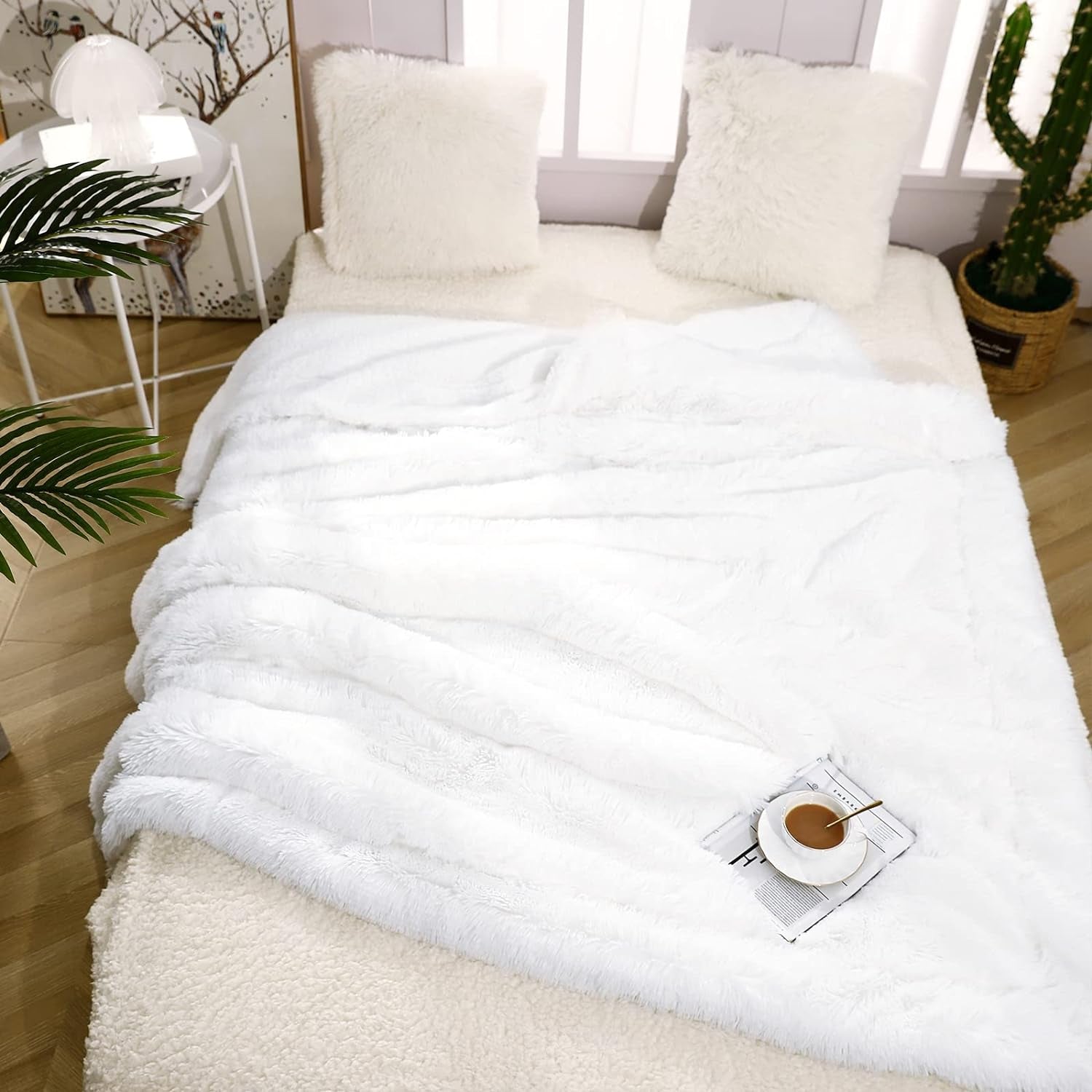 Soft Shaggy Fuzzy Throw Blanket - Fluffy Snuggly Faux Fur Blankets - Warm Cozy Plush Sherpa Blanket for Couch Sofa Bed Photo Props Home Decor (60X80 Inches) White