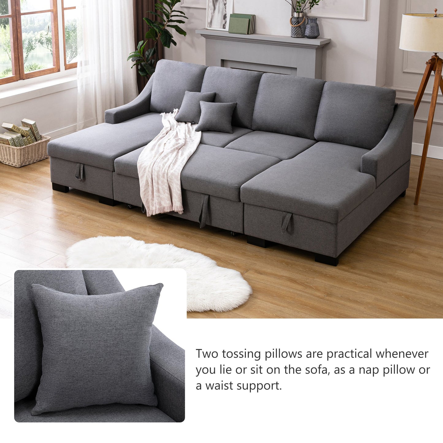 Upholstery Sleeper Sectional Sofa with Double Storage Spaces, 2