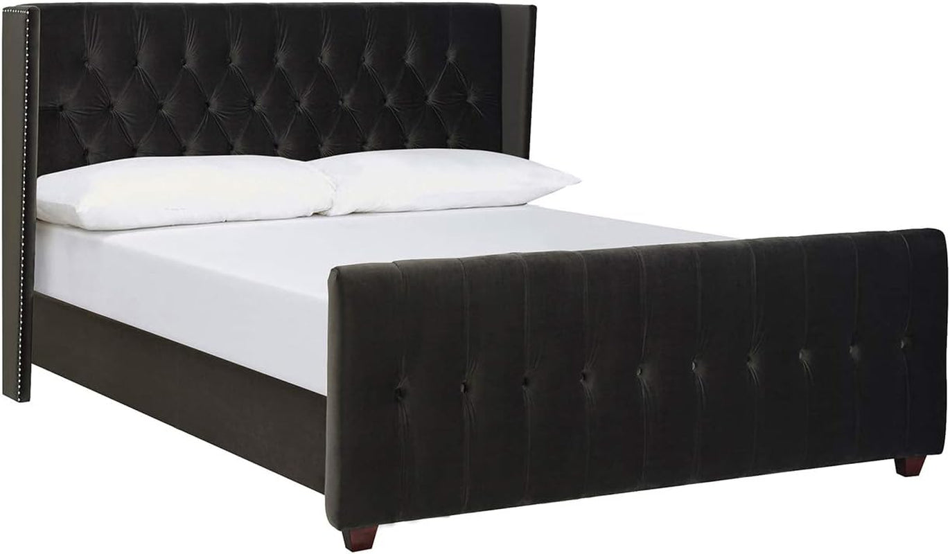 David Tufted Wingback King Bed, Dark Charcoal Grey Velvet