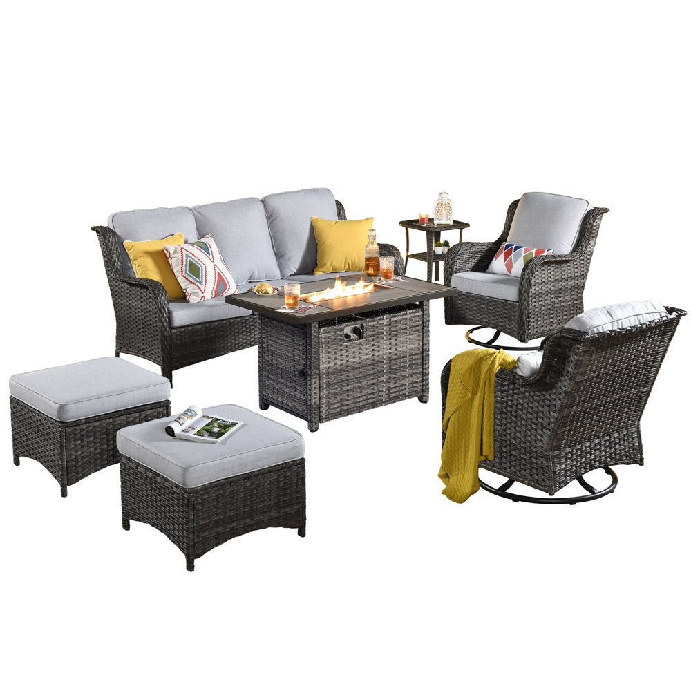 7 Seat Outdoor Patio Furniture Set with 42" Fire Table Wicker Conversation Set with Swivel Chair High Back Sectional Sofa for Balcony