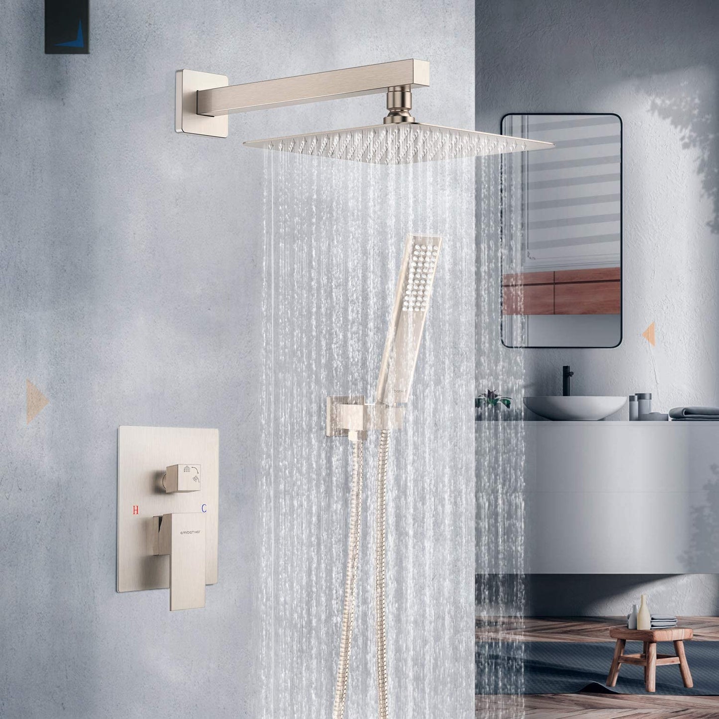 Rain Shower System Sets Faucet:  10 Inch Overhead Rainhead Shower Combo Set with Handheld and Valve-Luxury Modern Mixer Rainfall Brushed Nickel Shower Faucets Sets Complete