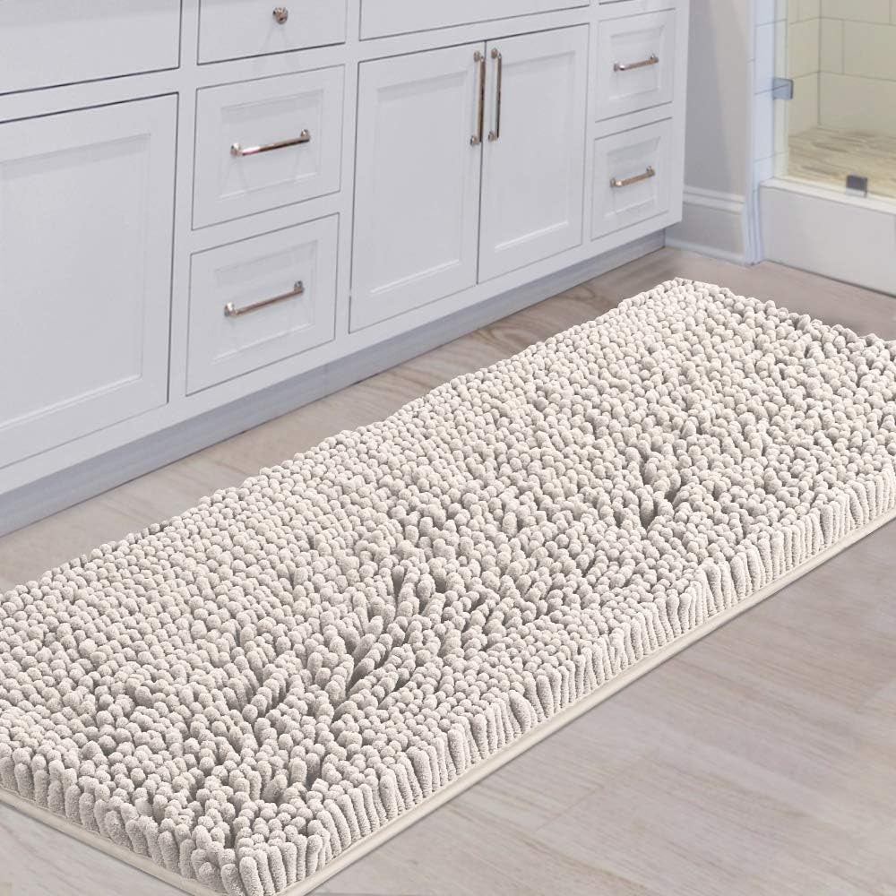 Bath Rug Runner for Bathroom Oversized Non Slip Bathroom Rug Water Absorbent Washable Rug Runner for Hallway Feature Extra Thick Bouncy Fluffy Chenille, Ivory - 59" X 20"