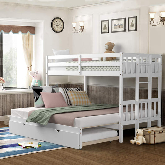 Twin over Full Bunk Bed with Trundle, Solid Wood Bunk Bed with Ladder, Extendable Twin/Full/Twin Beds with Safety Rail, Bunk Beds for Kids Teens (White)