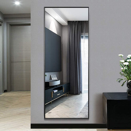 Full Length Mirror Standing Hanging or Leaning against Wall, Large, Rectangle, Bedroom Wall-Mounted Floor Dressing Mirror, Aluminum Alloy Thin Frame, Black, 65"X22"