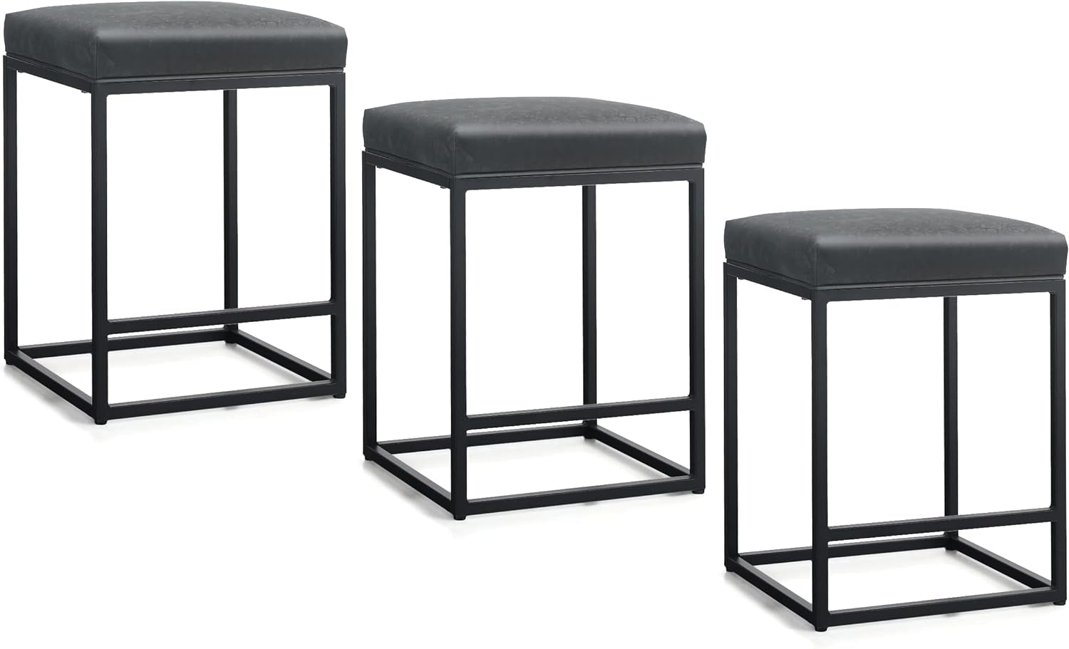 Black Counter Height 24" Bar Stools Set of 3 for Kitchen Counter Backless Modern Square Bartools Upholstered Faux Leather Stools Farmhouse Island Chairs,Support 330 LBS,(24 Inch,Black)