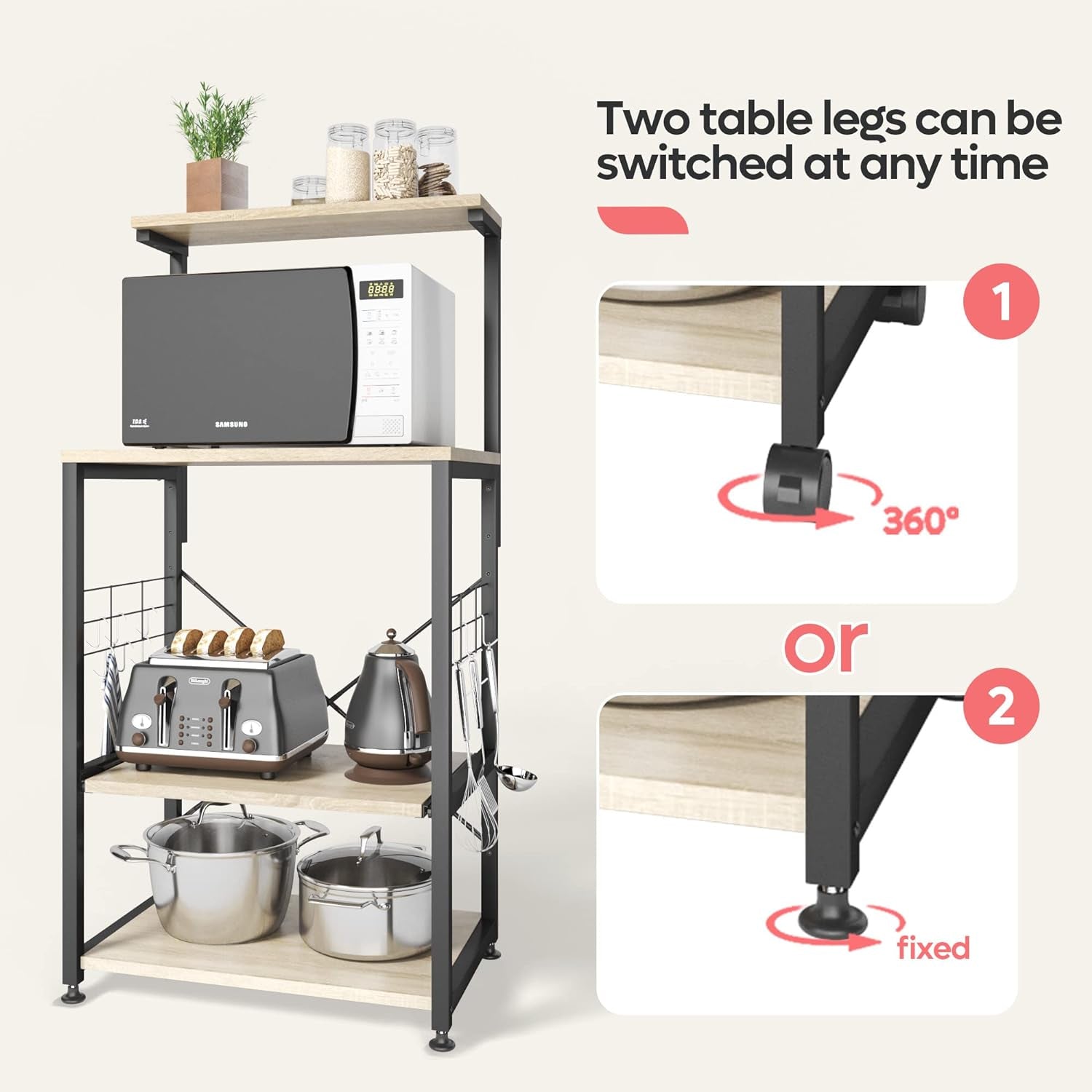 Kitchen Bakers Rack Microwave Stand Kitchen Cart on Wheels Utility Storage Shelf with 10 Side Hooks Kitchen Organizer Shelves with Adjustable Feet