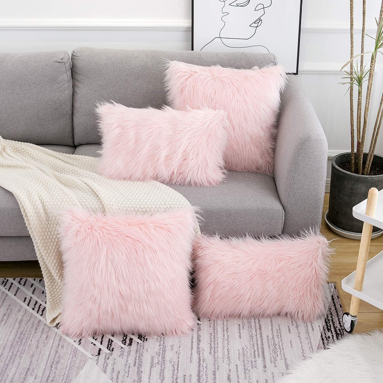 Valentines Day Set of 2 Pink Fluffy Pillow Covers New Luxury Series Merino Style Blush Faux Fur Decorative Throw Pillow Covers Square Fuzzy Cushion Case 18X18 Inch