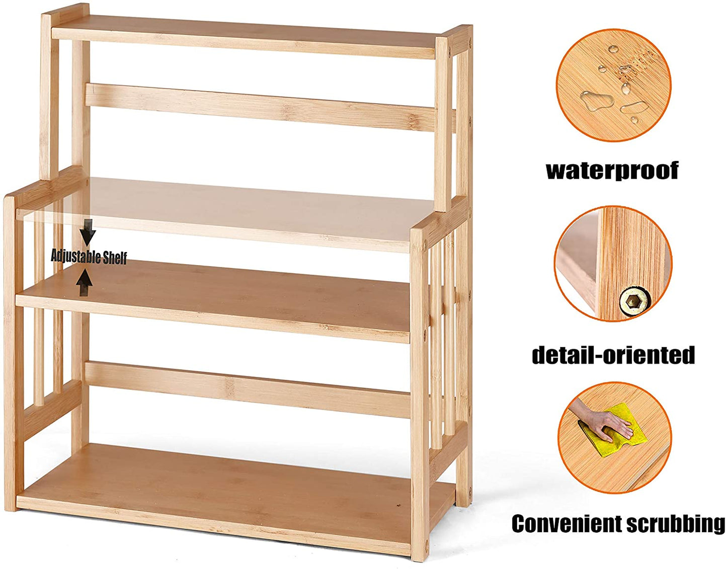 Bamboo Spice Rack Storage Shelves-3 Tier Standing Pantry Shelf for Kitchen Counter Storage,Bathroom Countertop Storage Organizer Desk Bookshelf with Adjustable Shelf Cabinet, Wooden