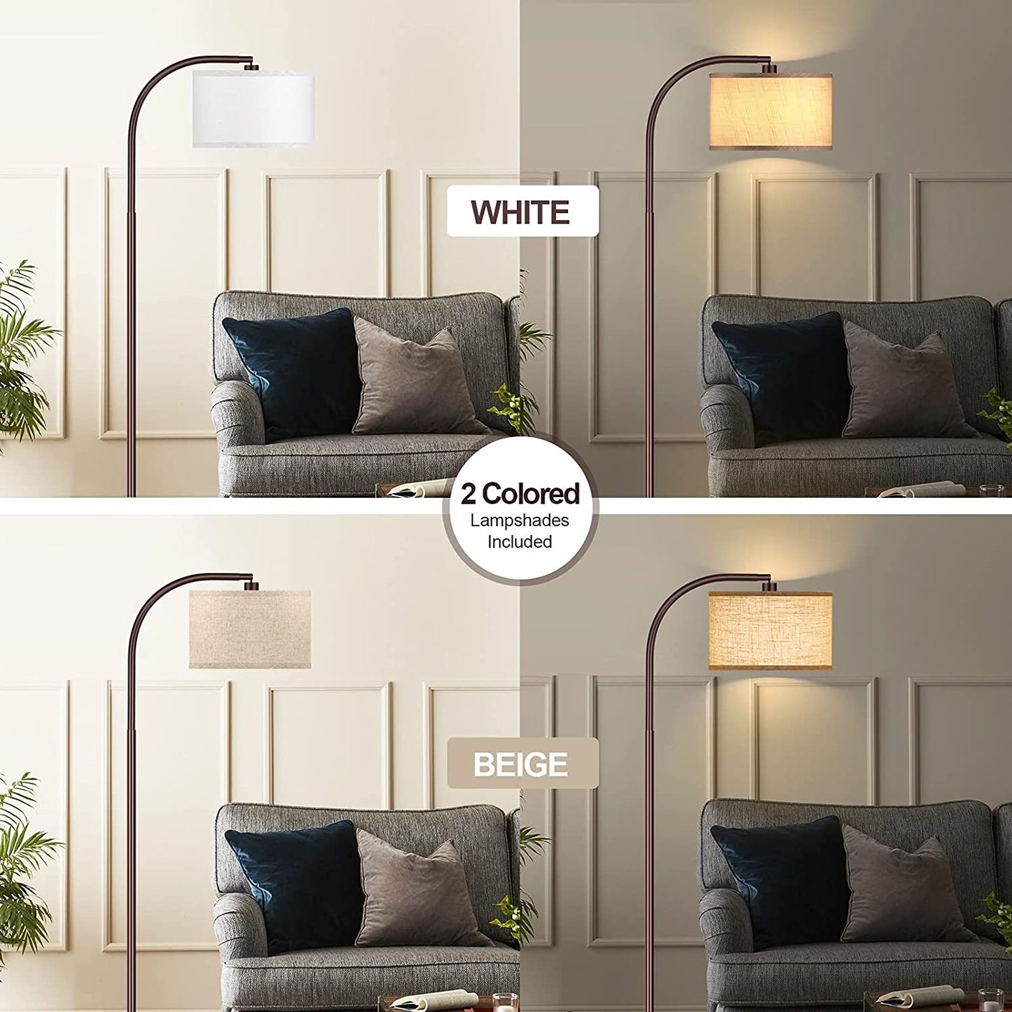 Floor Lamp for Living Room, Oil-Rubbed Bronze LED Standing Lamp with 2 Lamp Shades (Beige/White), Classic Tall Reading Pole Lamp with LED Bulb, Modern Adjustable Floor Lamp for Bedroom Study