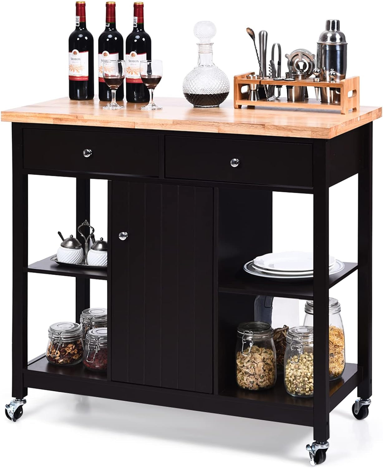 Kitchen Island on Wheels Kitchen Carts with Storage and Drawers, Wine Rack, Shelves, Glass Holder, Wood Top, Kitchen Rolling Cart Suitable for Home and Restaurant Kitchen Trolley (Brown)