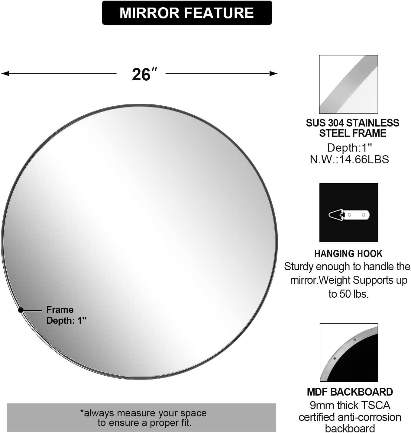 Nickel round Mirror, 26’’ Brushed Sliver Circle Bathroom Mirrors in Stainless Steel Metal Frame 1" Deep Set Design2