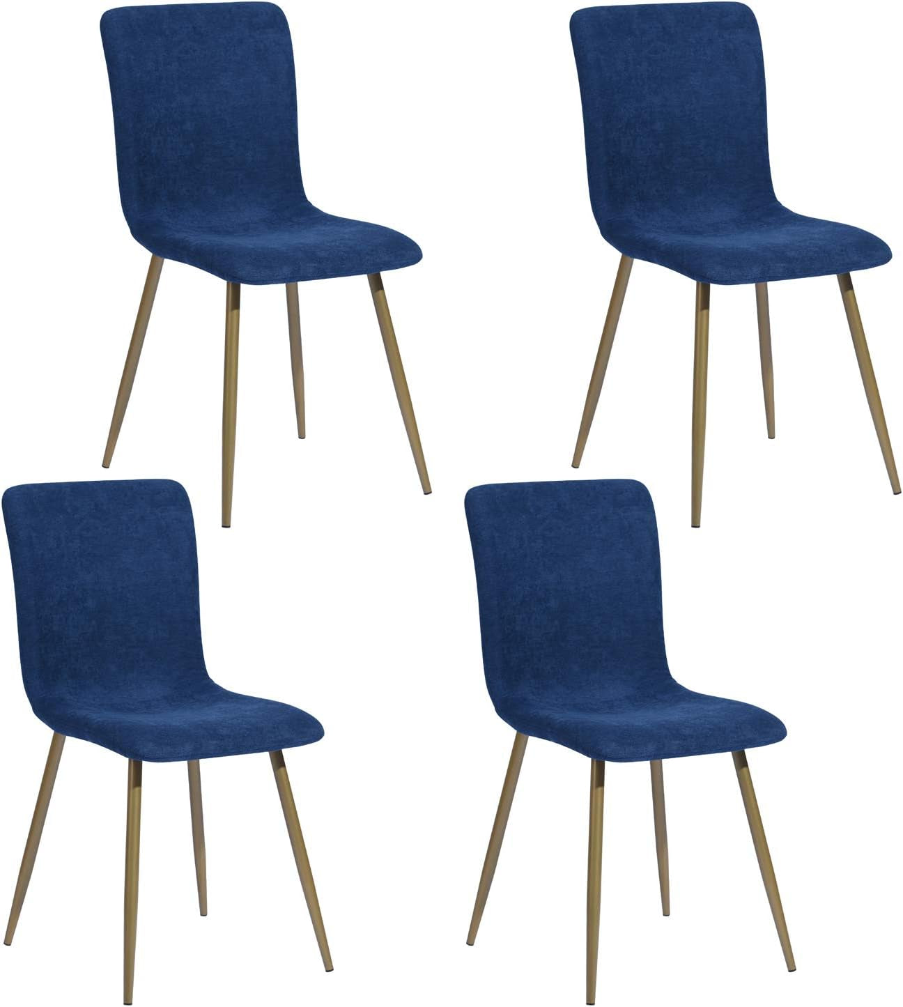 Dining Chairs Set of 4 for Kitchen Dining Room - Upholstered Metal Legs Renaissance Style Side Chairs, Blue Brushed Fabric/Golden Bronze