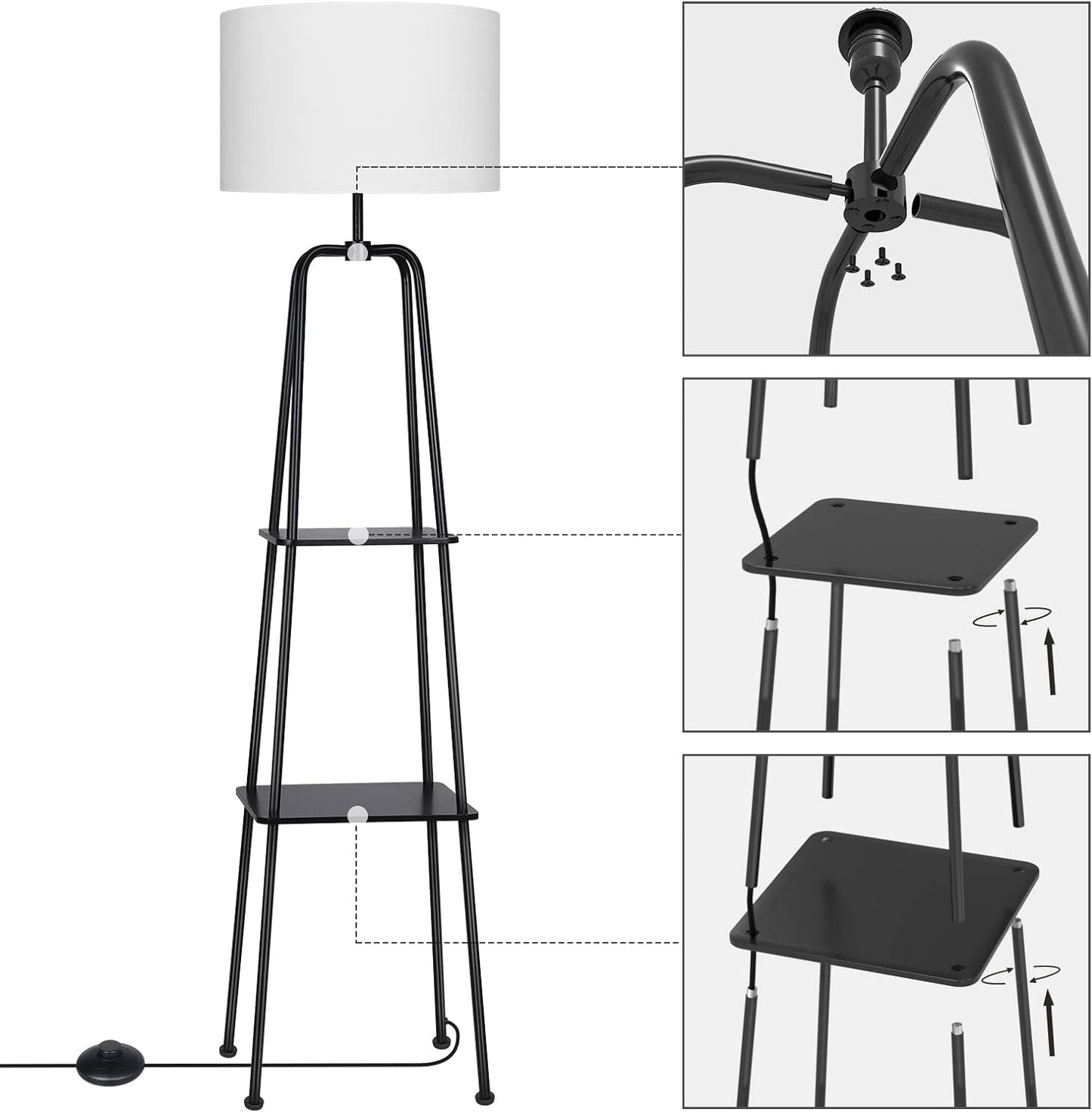 60 Inch Modern Black Floor Lamp with Shelves, 2-Tier Display Shelf, Reading Lamp with White Linen Drum Shade, Standing Storage Lamp for Living Room, Bedroom, Office