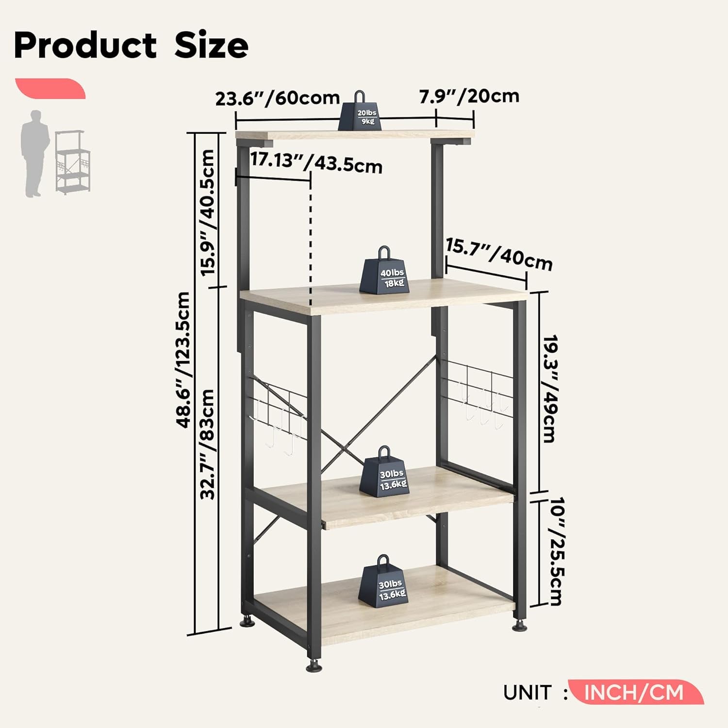 Kitchen Bakers Rack Microwave Stand Kitchen Cart on Wheels Utility Storage Shelf with 10 Side Hooks Kitchen Organizer Shelves with Adjustable Feet