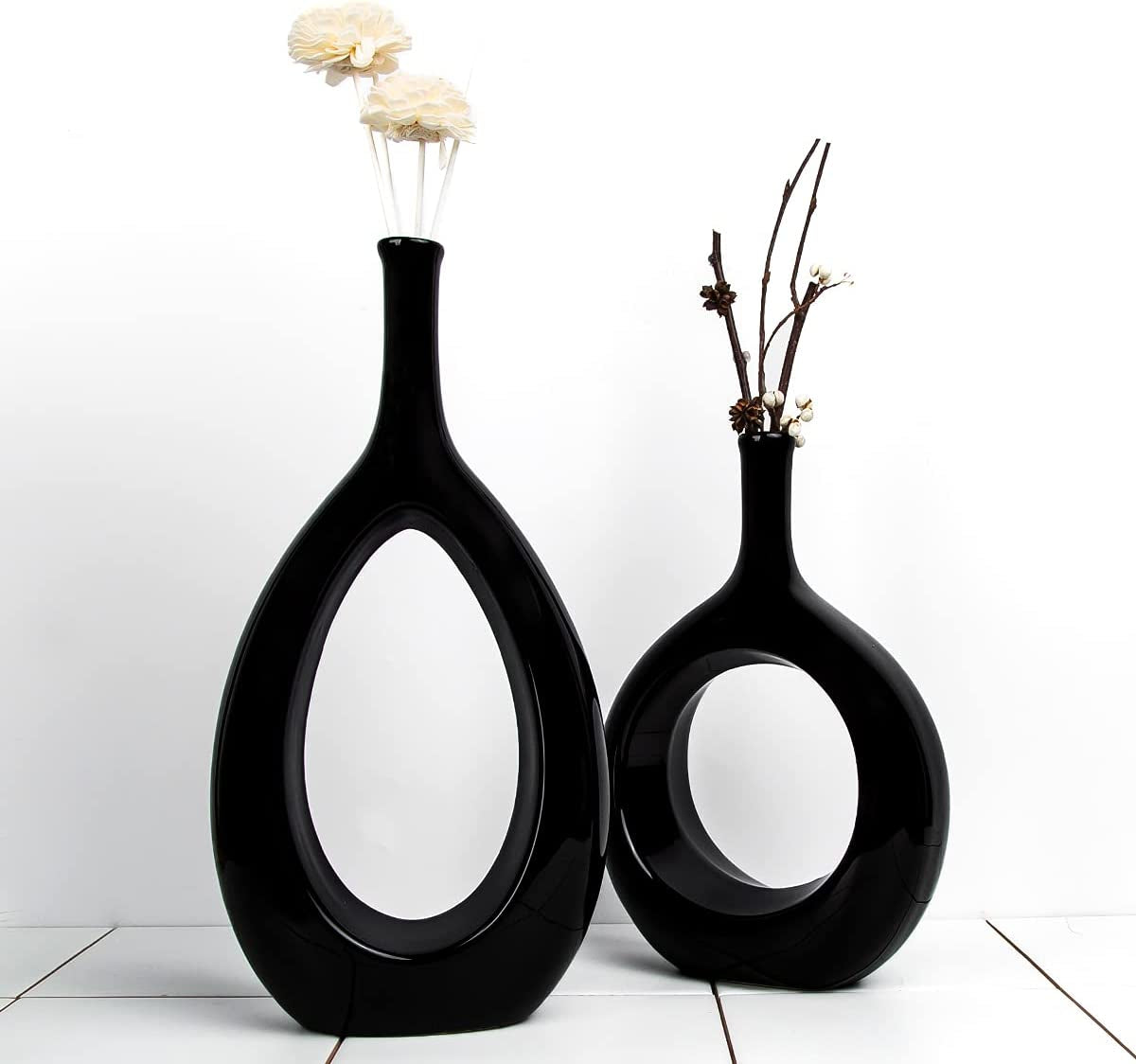 Samawi Black Vase Set of 2 Black Ceramic Vase Black Decor Black Vase Set Black Flower Vase Black Vases for Decor Black Tall Vase Modern Living Room Decor Modern Vases for Home Decor Black Modern Vase