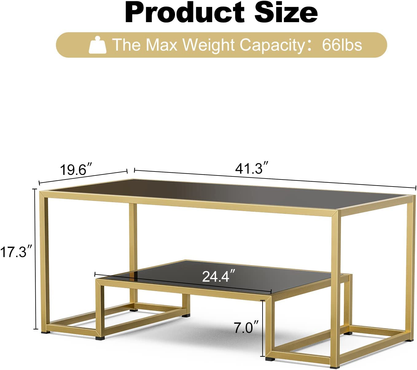 High Gloss Coffee Table for Living Room with Gold Metal Frame and Open Storage Shelf, Modern Accent Center Table Black Dining Table for Home Furniture Office Decor