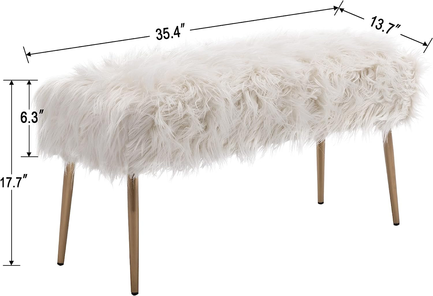 Faux Fur Vanity Bench Fluffy Entryway Bench Furry Ottoman Bench End of Bed Stool with Metal Gold Legs for Living Room Bedroom, White