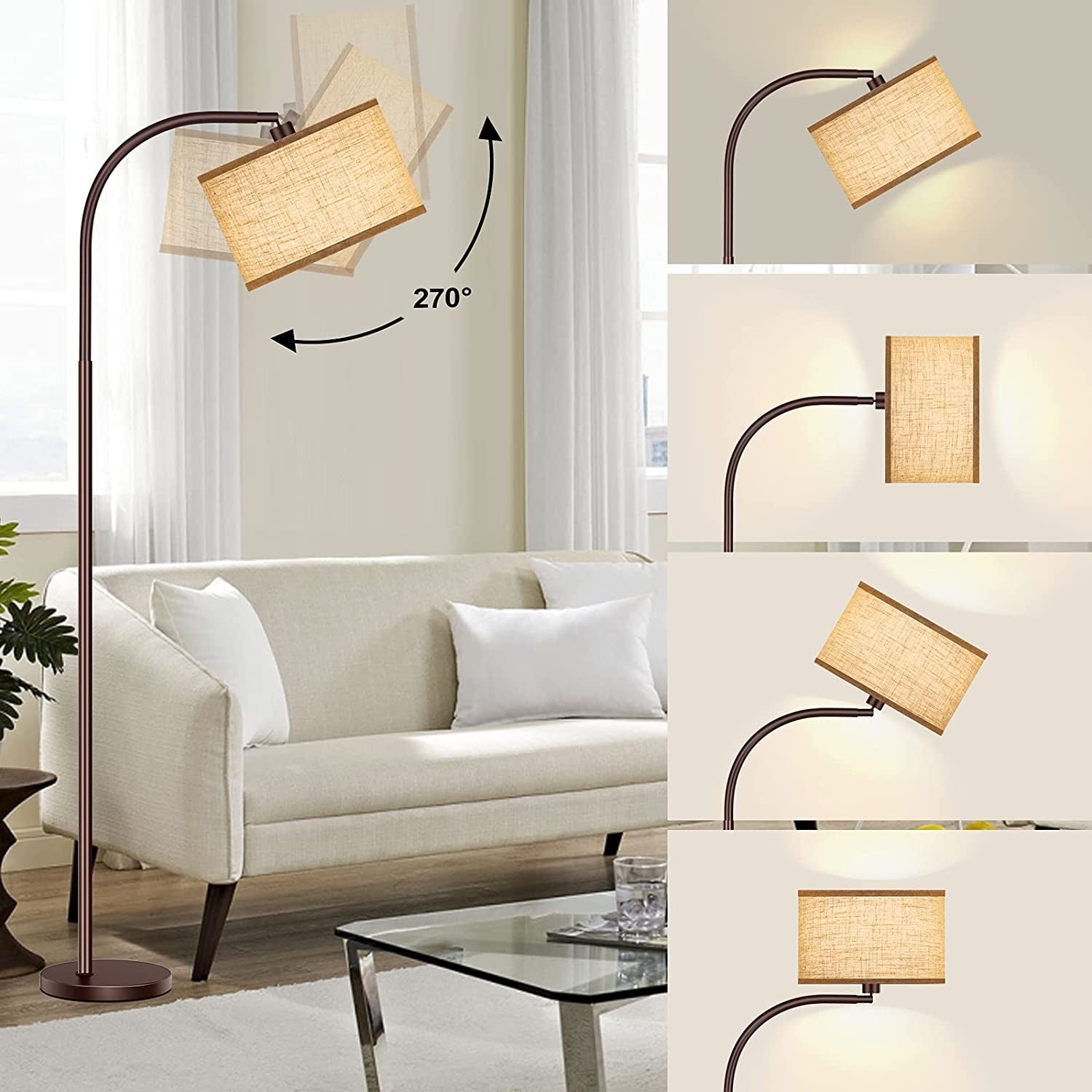 Floor Lamp for Living Room, Oil-Rubbed Bronze LED Standing Lamp with 2 Lamp Shades (Beige/White), Classic Tall Reading Pole Lamp with LED Bulb, Modern Adjustable Floor Lamp for Bedroom Study