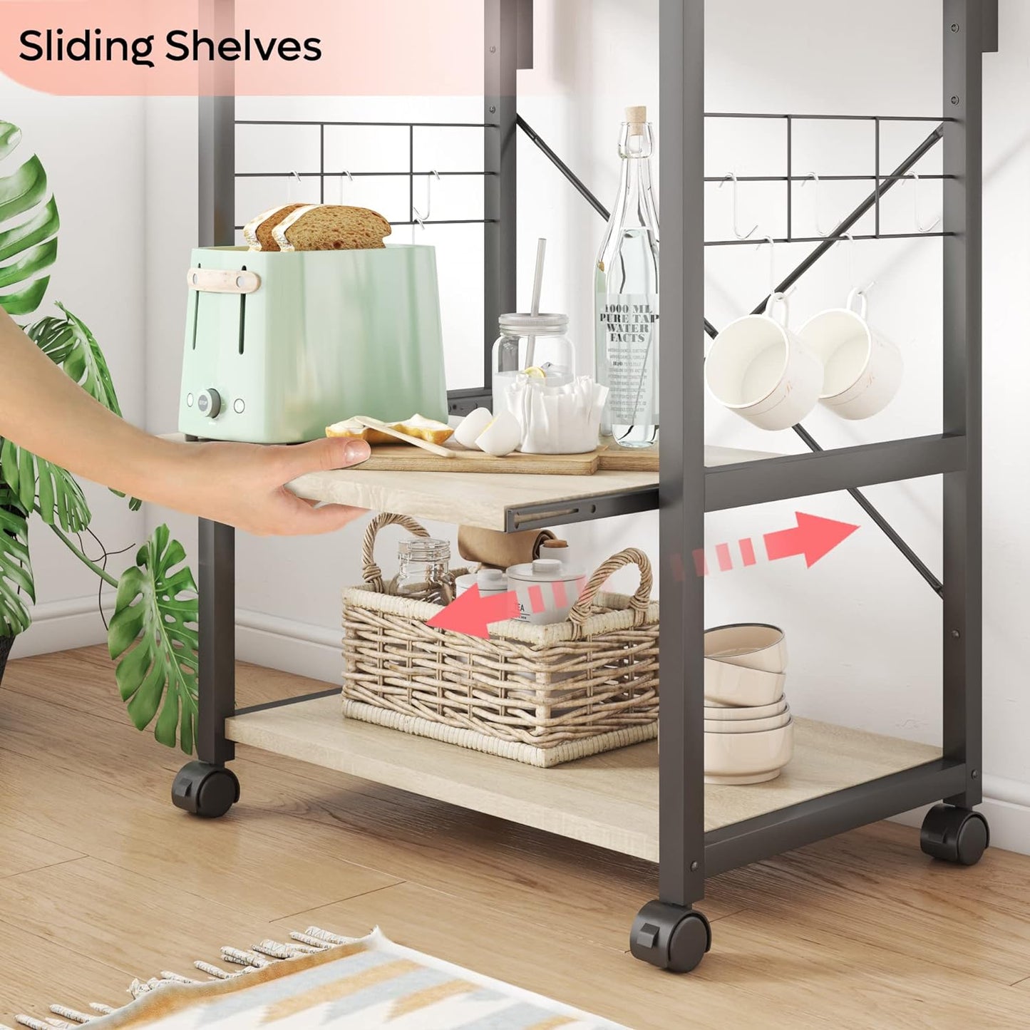 Kitchen Bakers Rack Microwave Stand Kitchen Cart on Wheels Utility Storage Shelf with 10 Side Hooks Kitchen Organizer Shelves with Adjustable Feet