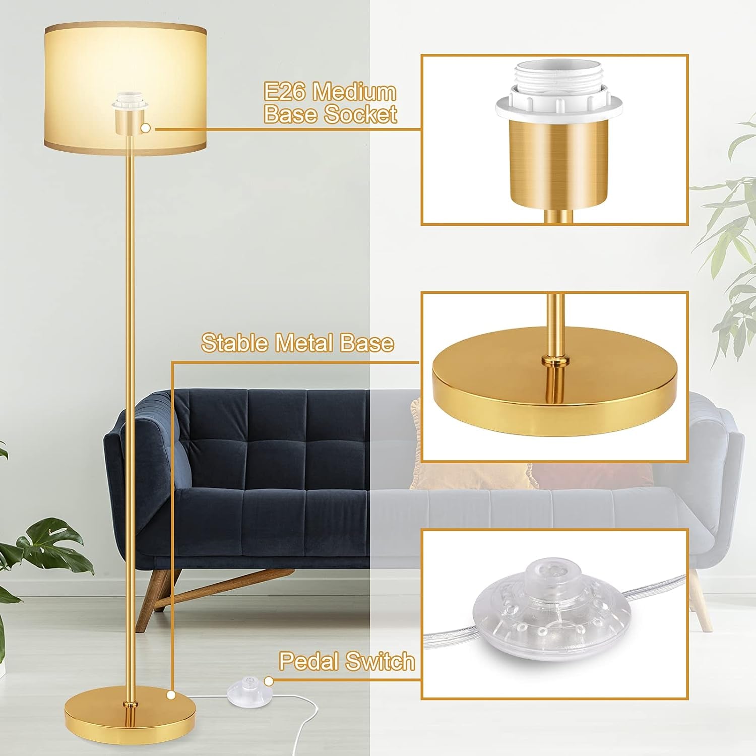 Floor Lamps for Living Room with 2 Lamp Shades, LED Modern Standing Lamp Simple Design, Tall Reading Pole Lamp Standing Light, Golden Bedside Floor Lamps for Bedroom, Office, Study Room