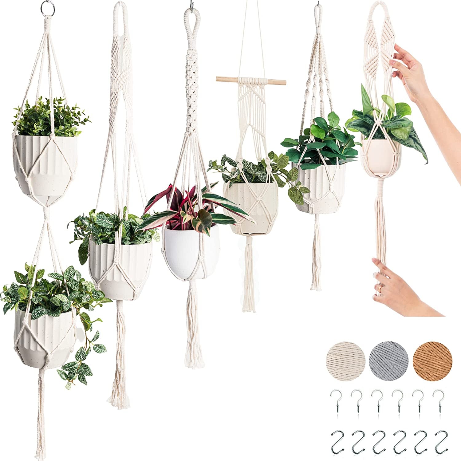 6-Pack Macrame Plant Hanger - 12 Ceiling Hooks - Plant Hanger Indoor - Hanging Plant Holder - Hanging Planters for Indoor Plants - Boho Plant Hanger - Plant Hangers Indoor (Cream)