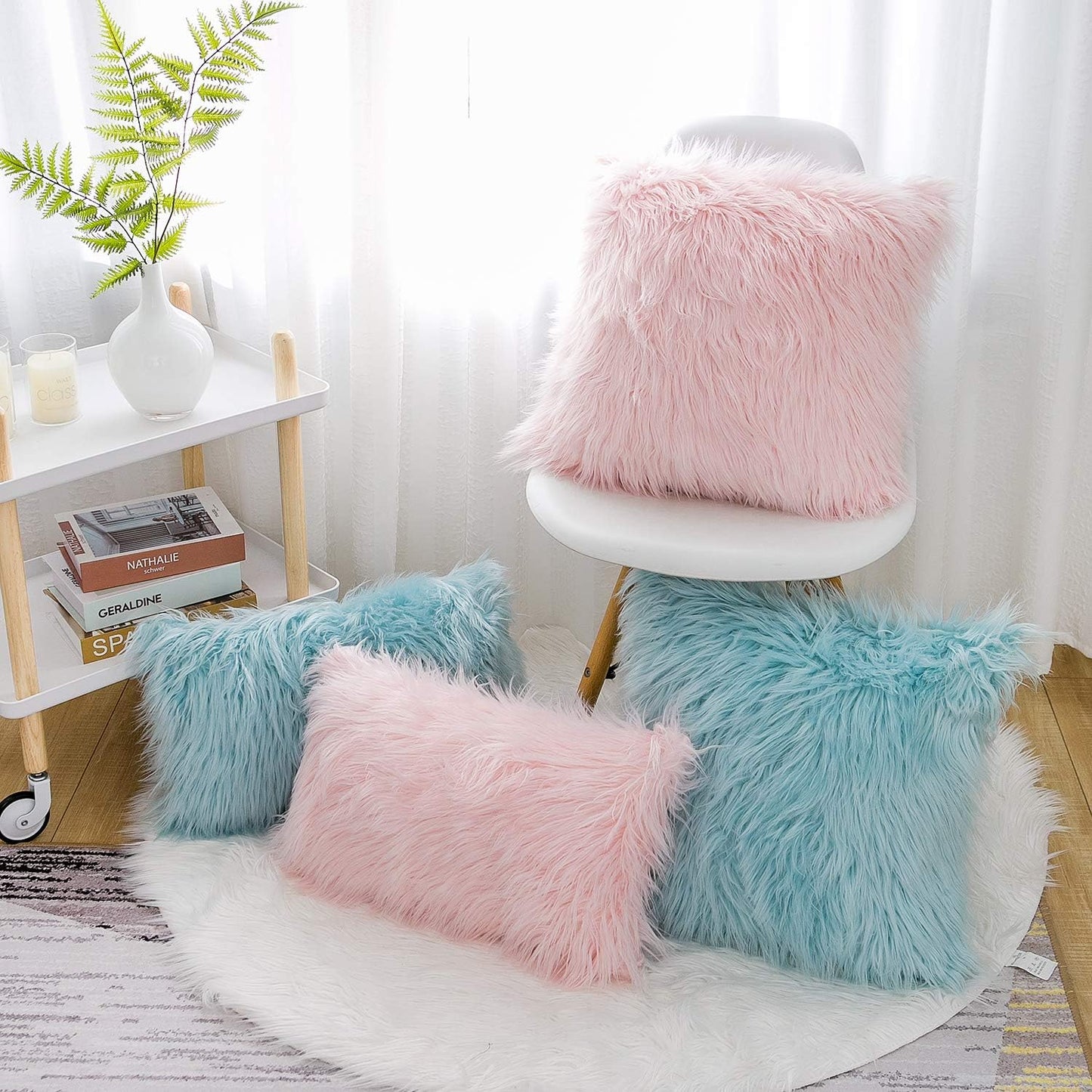 Valentines Day Set of 2 Pink Fluffy Pillow Covers New Luxury Series Merino Style Blush Faux Fur Decorative Throw Pillow Covers Square Fuzzy Cushion Case 18X18 Inch