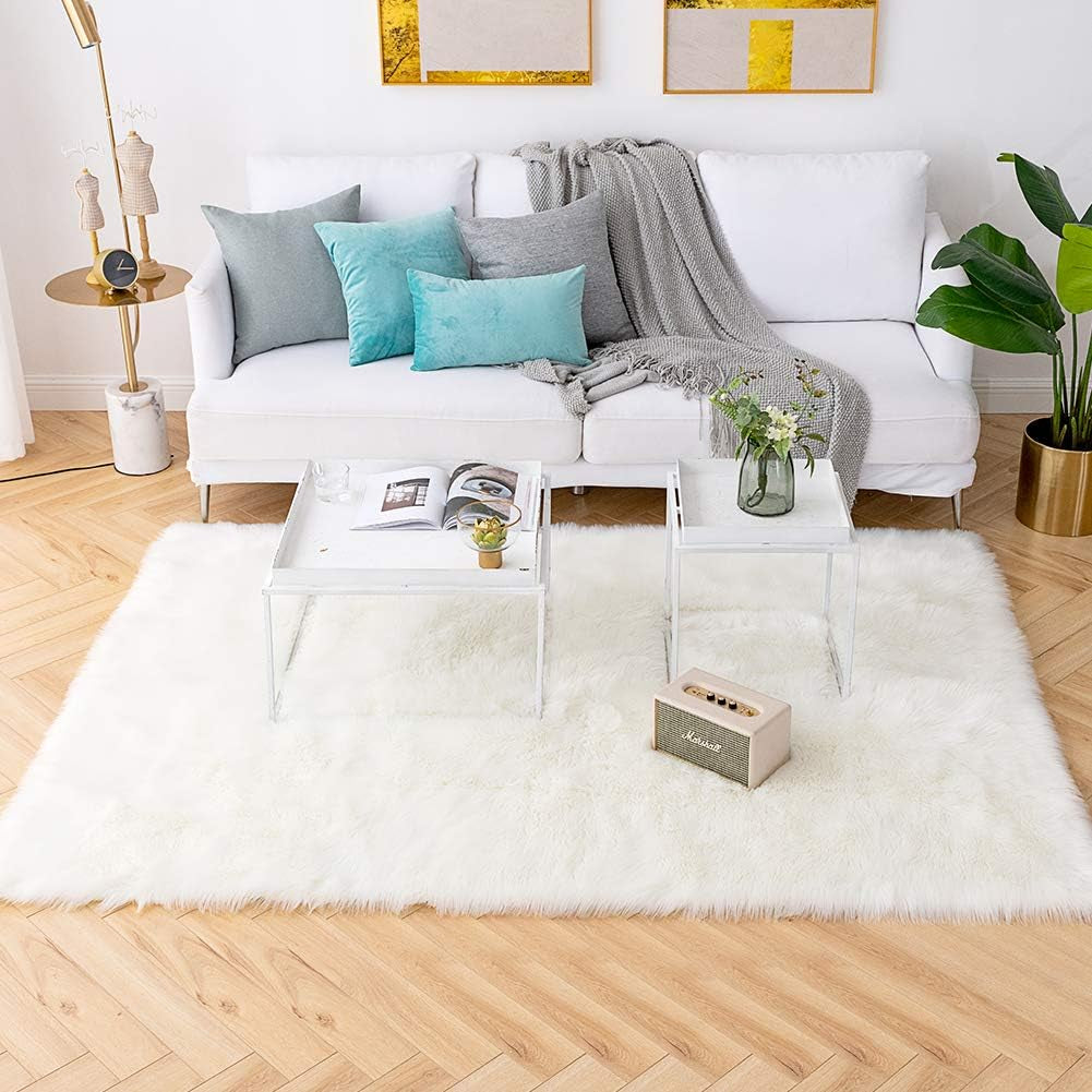 Shaggy Soft Faux Sheepskin Fur Area Rugs Floor Mat Luxury beside Carpet for Bedroom Living Room 6Ft X 9Ft, White